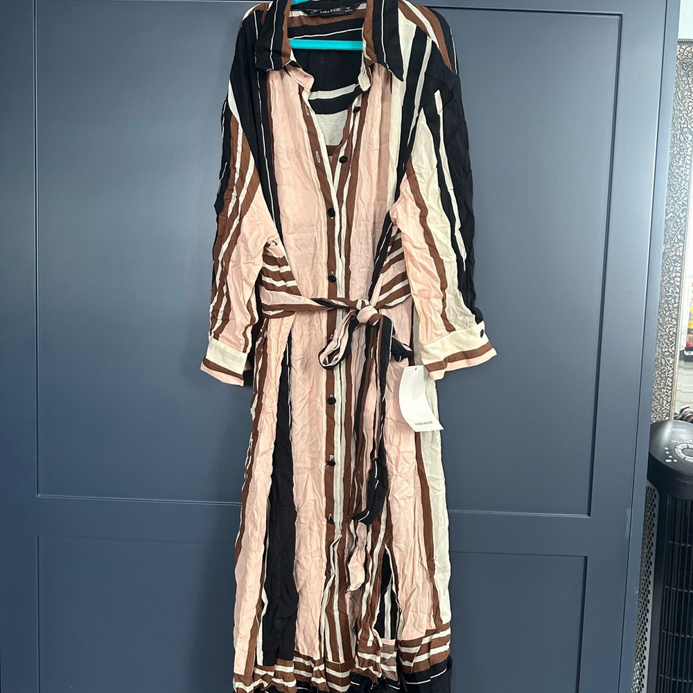 Zara Cream Long Sleeve Notched Collar Shirt Dress